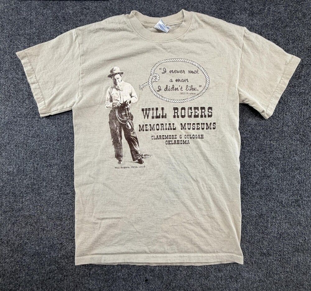 Will Rogers Memorial Museums Shirt Mens Small Beige Quote Cowboy Tee Oklahoma